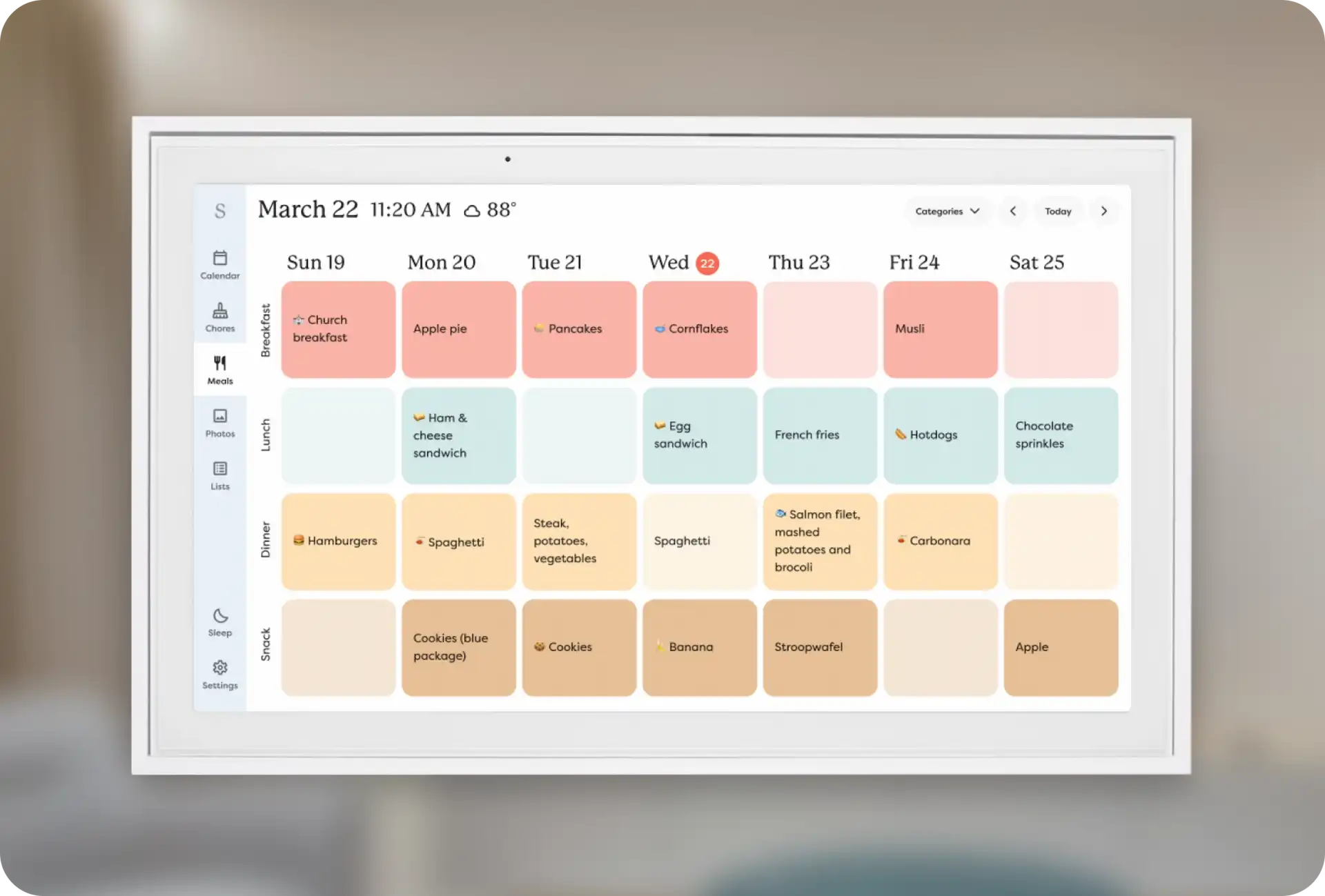 Meals planned on a skylight calendar for the week